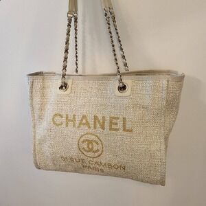 Chanel Lurex Boucle Small Deauville Tote Bag Ivory Gold 31 Rue Cambon 27202807